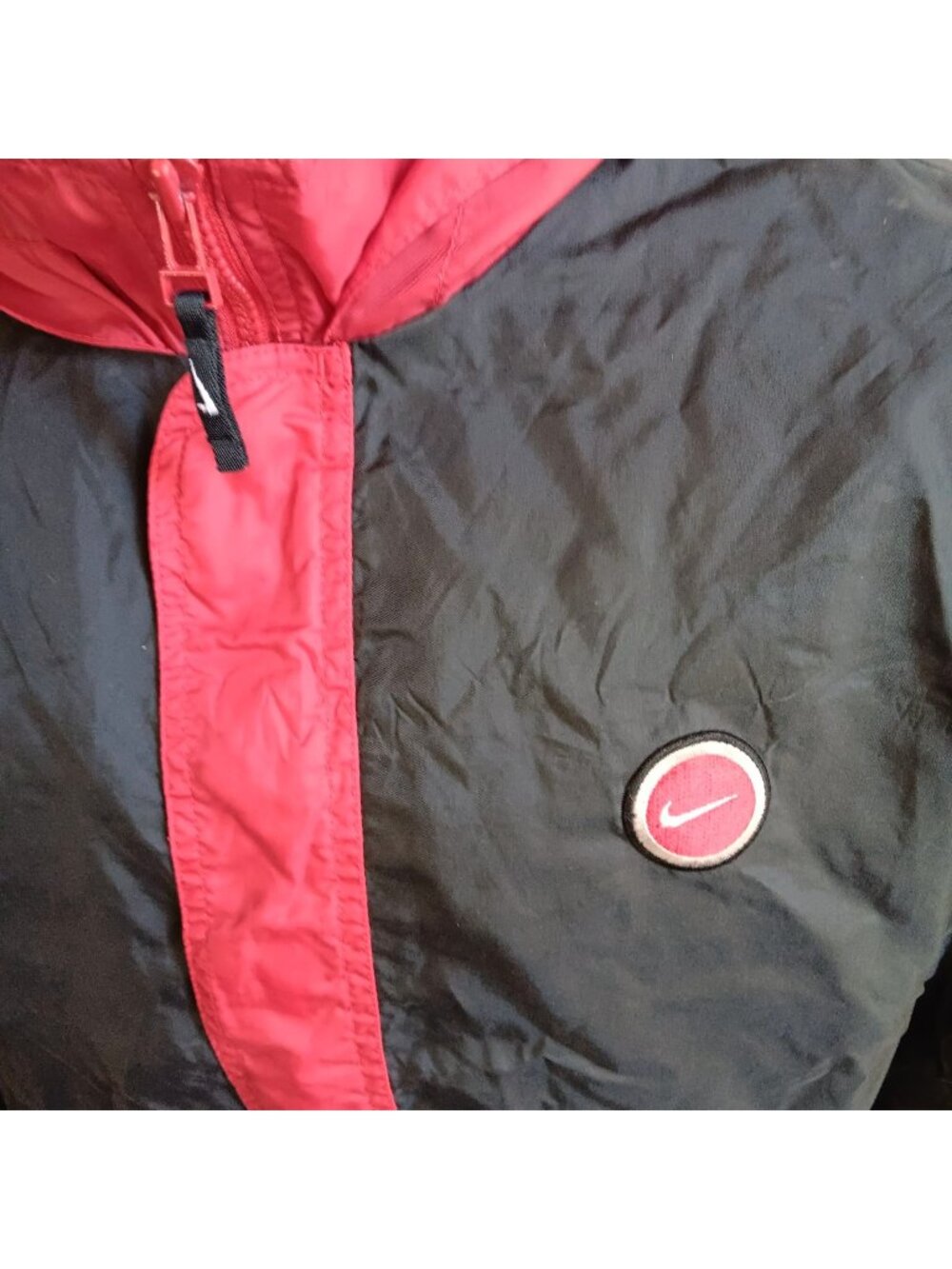 Nike Mens Vtg Windbreaker Jacket 1/2 Zip Small 1990's Black & Red Hooded Swoosh